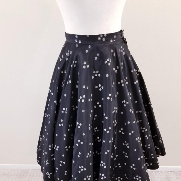 50s Vintage Handmade Black Circle Skirt w/Silver Polka Dots - 26" Waist