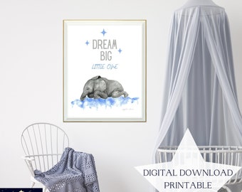 Blue, Dream Big Little One, Elephant Art, Digital Printable, Elephant Digital Printable, Elephant Nursery Art, Boys Room, Watercolor, PDF