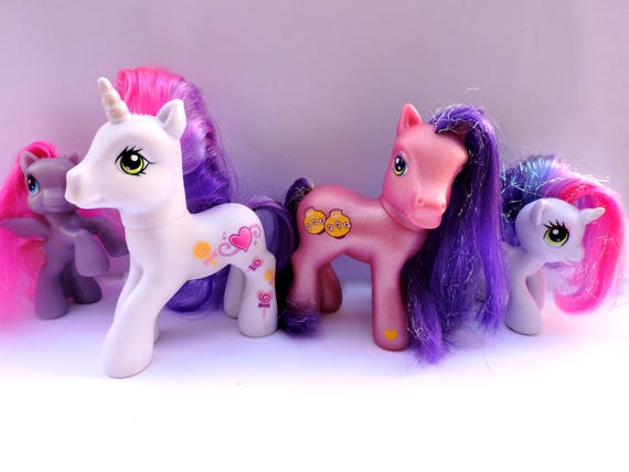 my little pony lot of 4 white and purple ponies glitter tinsel etsy