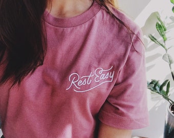 Rest Easy Typography Chest Embroidered Short-Sleeve Unisex T-Shirt, embroidered shirt, monowidth type, lettering design, graphic design tee