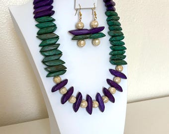 Purple Green Wooden Statement Necklace and Earrings Set, Mardi Gras Chunky Jewelry