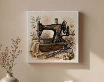 May include: A square wall art print featuring a black vintage sewing machine with floral accents, resting on a wooden base. Beside it are metal scissors, a pincushion, and a spool of thread, all set against a soft, neutral watercolour background.