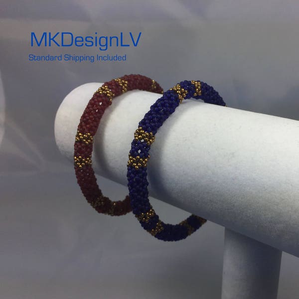 Set of 2 Stackable Bangle Seed Bead Bracelets // Matte Cobalt Blue and Metallic Dark Gold // Matte Ruby Red and Metallic Dark Gold