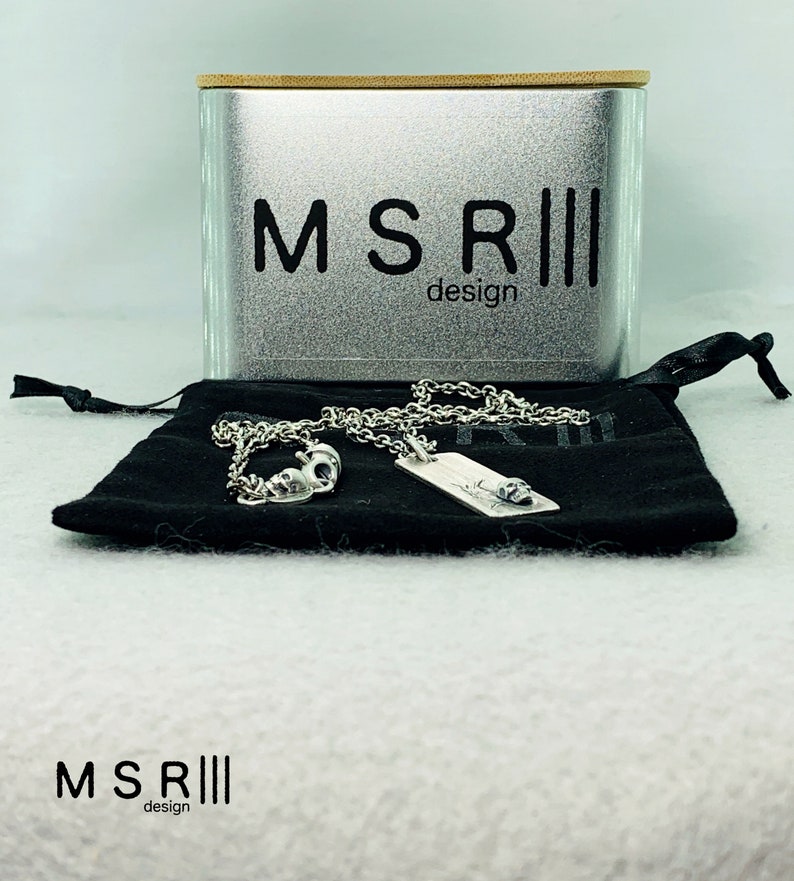 Dog Tag with Skull Pendant Chain Necklace Sterling Silver Handmade