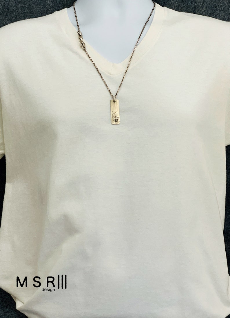 Dog Tag with Skull Pendant Chain Necklace Sterling Silver Handmade