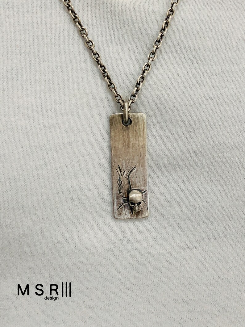 Dog Tag with Skull Pendant Chain Necklace Sterling Silver Handmade