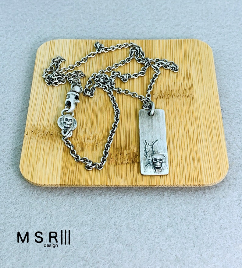 Dog Tag with Skull Pendant Chain Necklace Sterling Silver Handmade