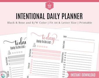 Printable Daily Planner Page, Intentional Daily Planner, To-do List, 2020 Daily Planner, Daily Schedule, Printable planner, 2020 Diary