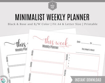 Minimalist Weekly Planner, Printable Week Plan, 2020 weekly Planner, Productivity Planner, Weekly Schedule, Printable planner, 2020 Diary
