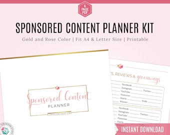 Sponsored Content Planner, Gold & Rose business planner, Blog content Planner, Printable Planner, Blog Binder, Planner Kit, Planner Inserts