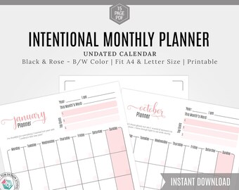 2023 Monthly Planner digital download pdf, Printable Monthly Calendar, Undated Calendar, Monday start, Sunday start, Abundance mindset