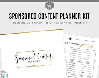 Business Content Planner, Black & Gold Sponsored content planner, Blog Planner, Printable Planner, Blog Binder, Planner Kit, Planner Inserts