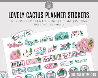 Cactus Planner Printable Stickers, bullet journal stickers, Planning digital stickers, printable planner stickers Silhouette and Cricut