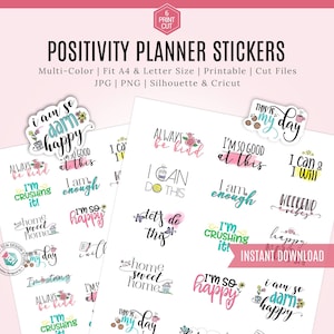 Positivity Planner Printable Stickers, bullet journal stickers, Planning digital stickers, printable planner stickers Silhouette and Cricut