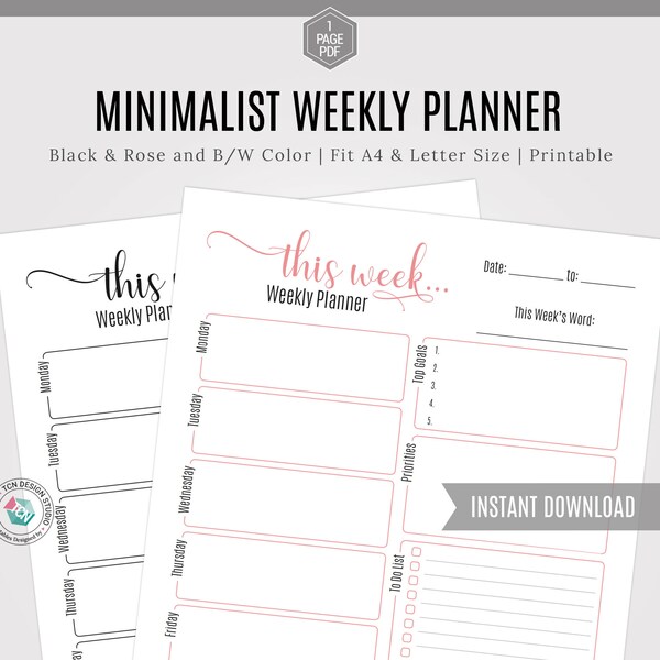 Minimalist Weekly Planner, Printable Week Plan, 2020 weekly Planner, Productivity Planner, Weekly Schedule, Printable planner, 2020 Diary