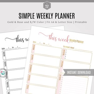 Simple Weekly Planner, 2021 Undated Printable Week Plan, A5, Letter Size Productivity Planner, Weekly Schedule, Printable planner Insert image 1