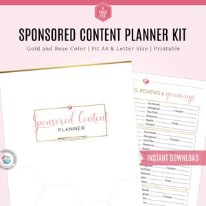 Sponsored Content Planner, Gold & Rose business planner, Blog content Planner, Printable Planner, Blog Binder, Planner Kit, Planner Inserts