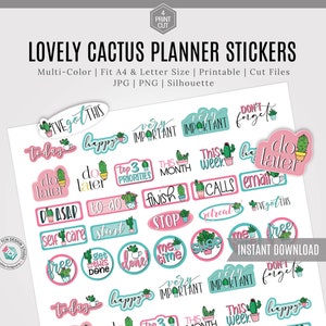 Pegatinas imprimibles Cactus Planner, pegatinas bullet journal, pegatinas digitales de planificación, pegatinas de planificador imprimibles Silhouette y Cricut