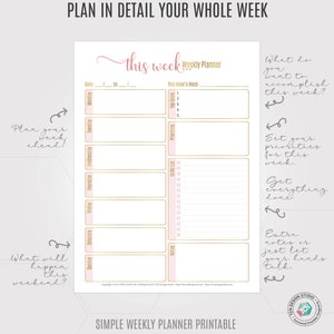 Simple Weekly Planner, 2021 Undated Printable Week Plan, A5, Letter Size Productivity Planner, Weekly Schedule, Printable planner Insert image 2