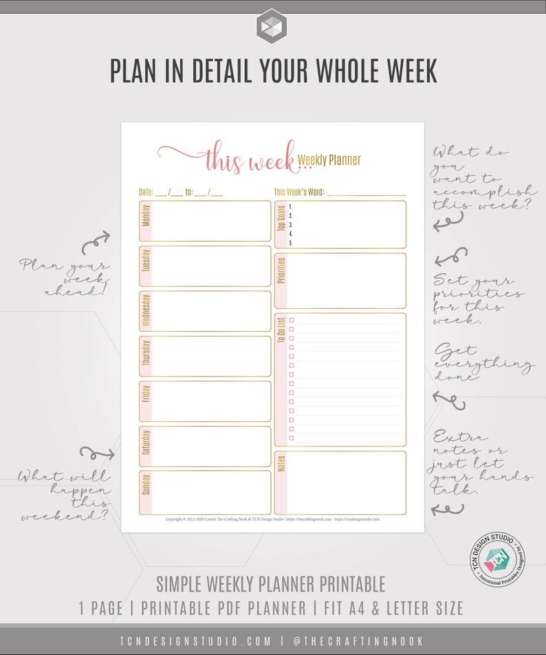 Simple Weekly Planner, 2021 Undated Printable Week Plan, A5, Letter Size Productivity Planner, Weekly Schedule, Printable planner Insert image 2