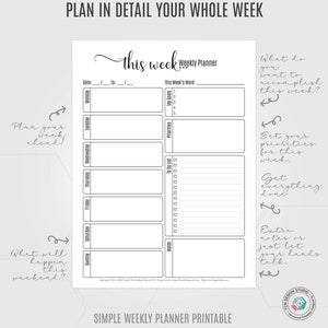 Simple Weekly Planner, 2021 Undated Printable Week Plan, A5, Letter Size Productivity Planner, Weekly Schedule, Printable planner Insert image 3