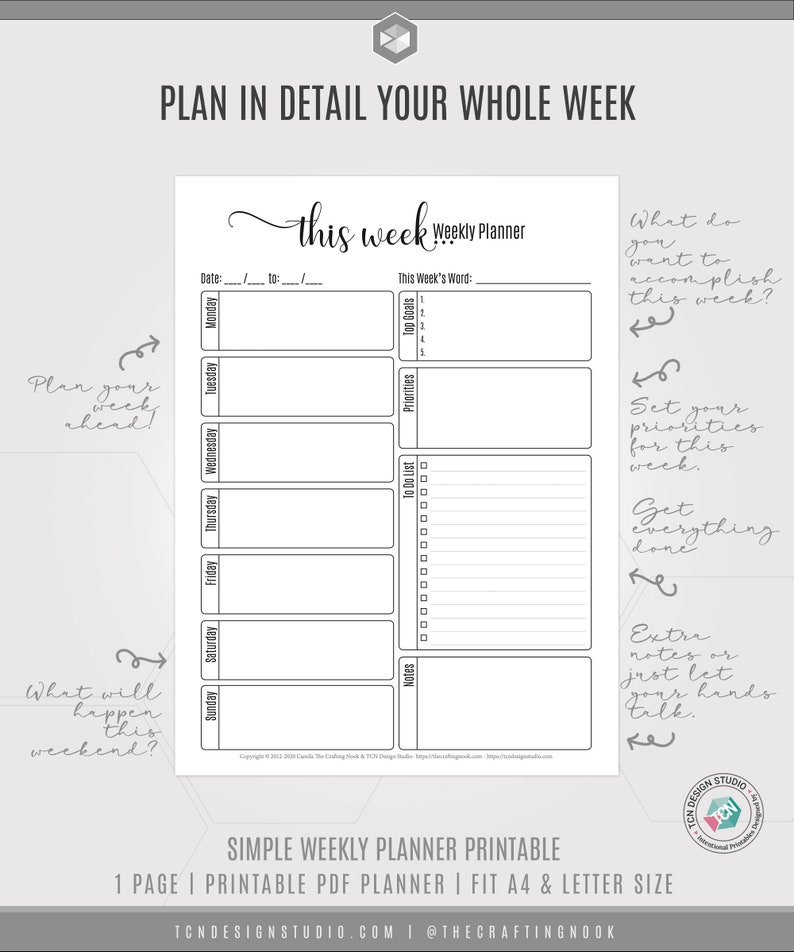 Simple Weekly Planner, 2021 Undated Printable Week Plan, A5, Letter Size Productivity Planner, Weekly Schedule, Printable planner Insert image 3