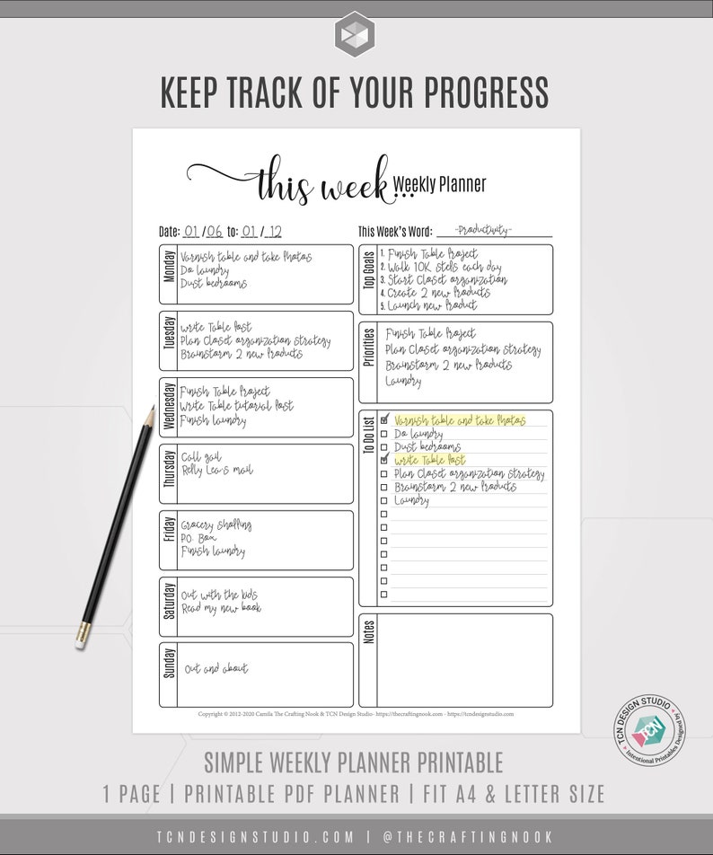 Simple Weekly Planner, 2021 Undated Printable Week Plan, A5, Letter Size Productivity Planner, Weekly Schedule, Printable planner Insert image 5