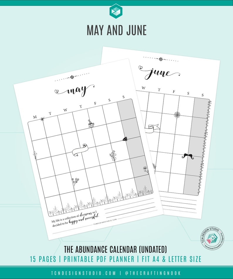 2023 calendar digital download pdf, Printable Monthly Calendar, Printable, Undated Calendar, Monday start, Sunday start, Abundance mindset image 4