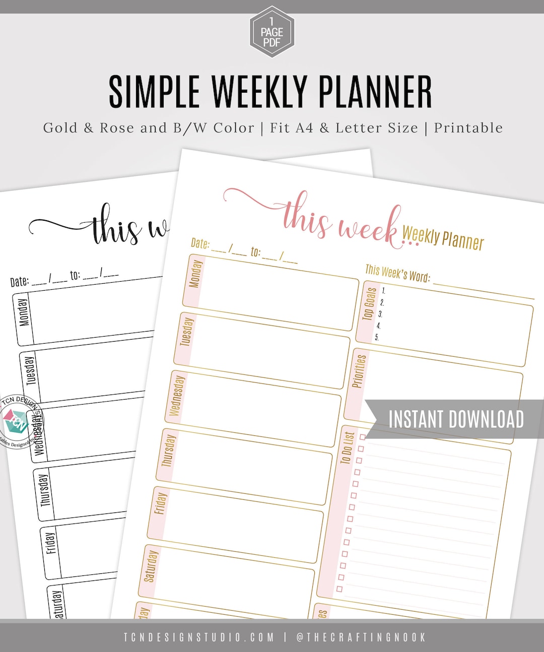 Simple Weekly Planner, 2021 Undated Printable Week Plan, A5, Letter ...