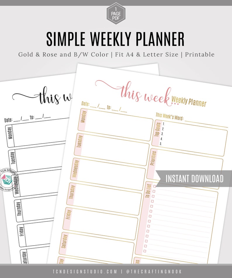 Simple Weekly Planner, 2021 Undated Printable Week Plan, A5, Letter Size Productivity Planner, Weekly Schedule, Printable planner Insert image 1