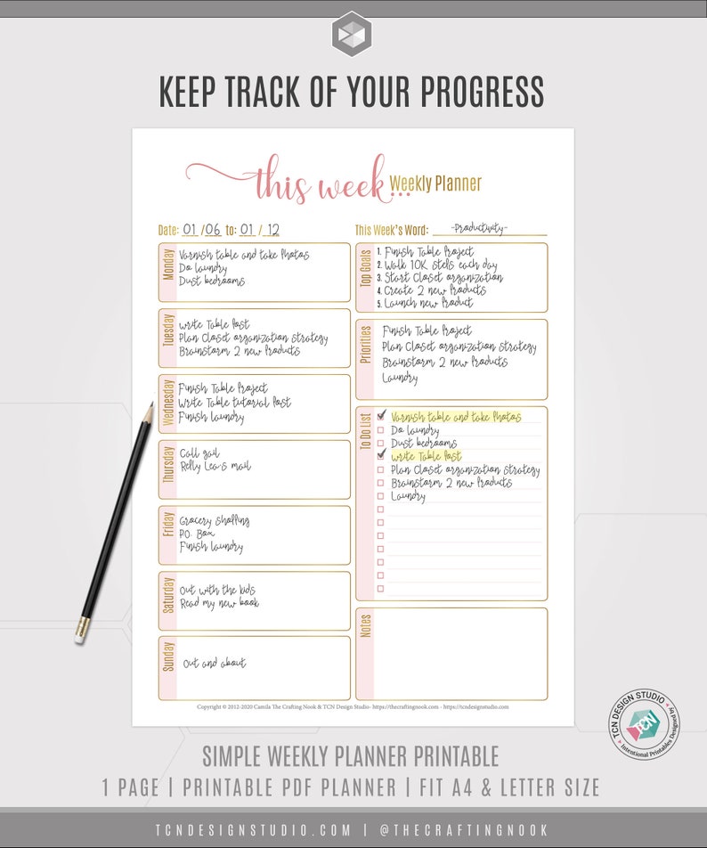 Simple Weekly Planner, 2021 Undated Printable Week Plan, A5, Letter Size Productivity Planner, Weekly Schedule, Printable planner Insert image 4