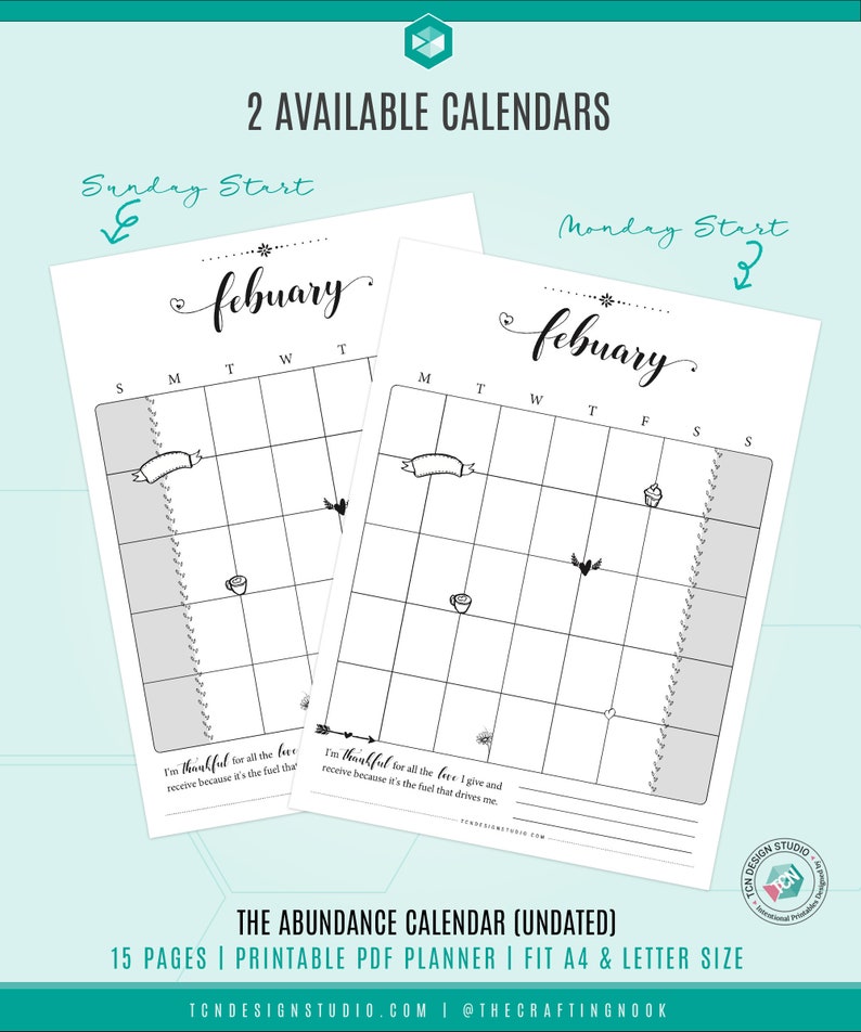 2023 calendar digital download pdf, Printable Monthly Calendar, Printable, Undated Calendar, Monday start, Sunday start, Abundance mindset image 10
