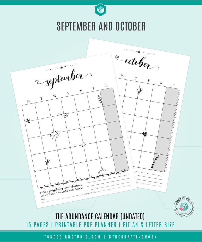 2023 calendar digital download pdf, Printable Monthly Calendar, Printable, Undated Calendar, Monday start, Sunday start, Abundance mindset image 6