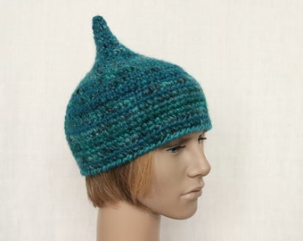 Winter hat, crocheted gnome hat, unisex helmet-like turquoise cap, pixie hat, thick warm hat, hat for adult, hat for teen