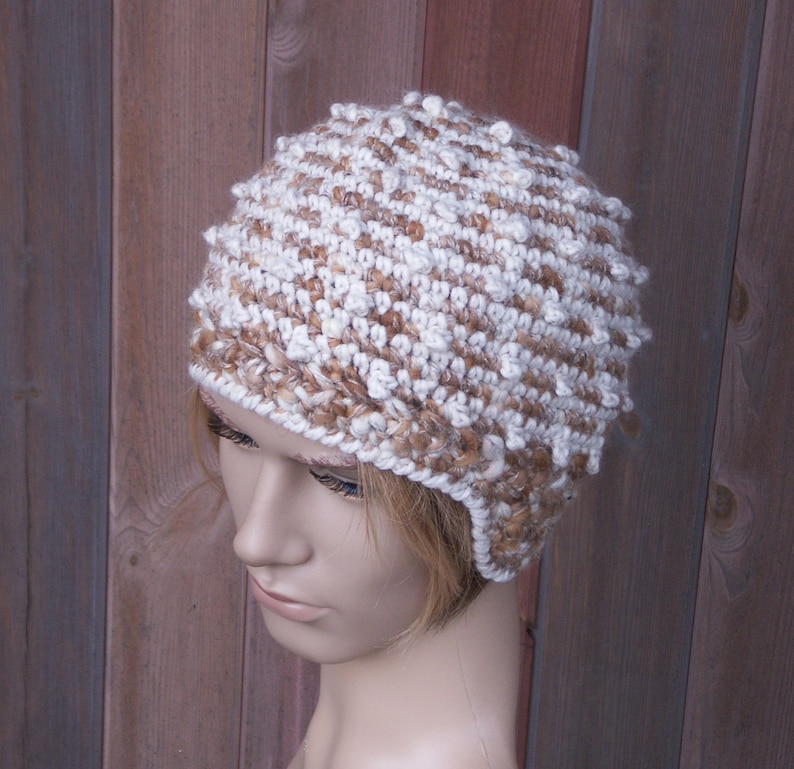 Earflap winter hats crochet warm adult or teen hat ecru beige winter hat with ears skiing skating hat