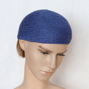 Blue linen men&#39;s skull-cap, cobalt blue flax short hat for men, crochet short beanie, kufi hats for him