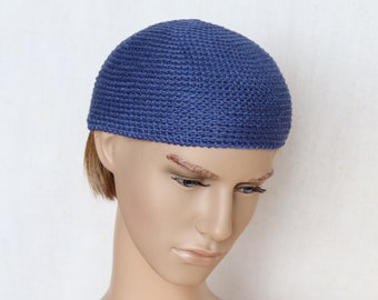 Blue Linen Men&#39;s Skull Cap: Crocheted Kufi Hat
