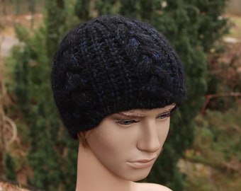 Mens beanie hat, cable knit beanie hat, chunky wool hat, charcoal grey with blue and  black winter cap, women's beanie hat.