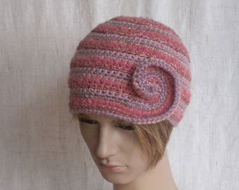 Crochet pink-lilac boho hat, pink- old rose winter hat for women or teen-girl,