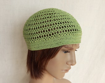 Summer beanie hat, lace crochet womens hats, organic yarn handmade sun hat in pea green