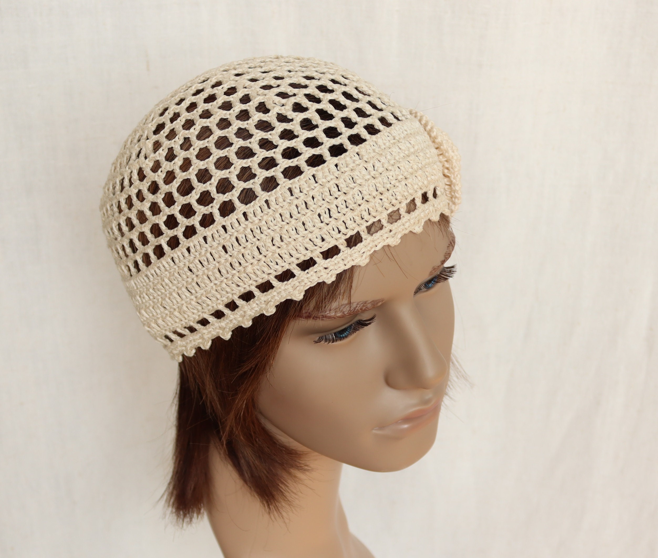 Crochet Beanie Hat Cream Color Linen 