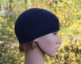 Large Crochet Linen Beanie: Dark Navy Blue Kufi Hat