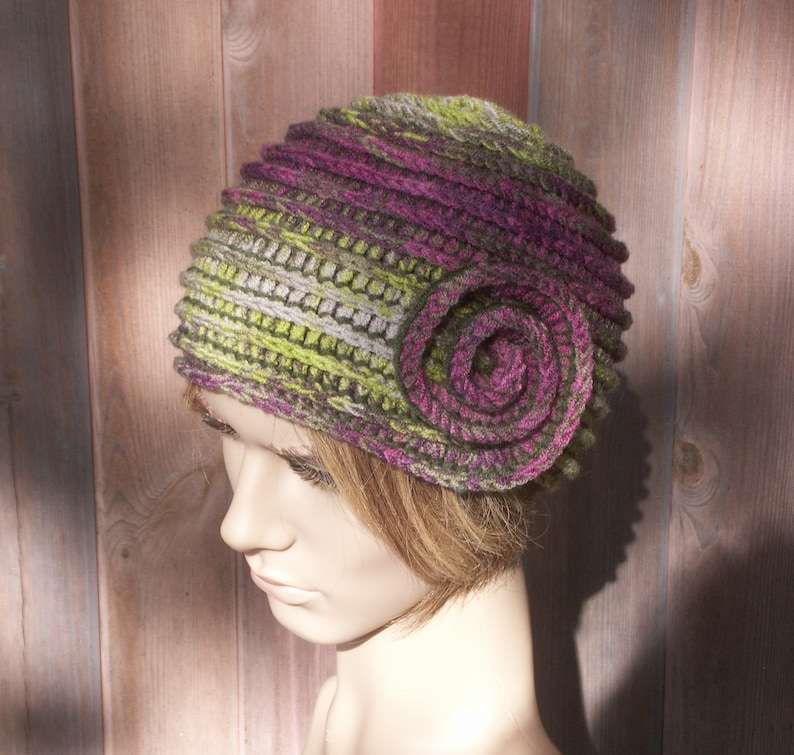 crochet boho style beanie hat flapper hat for women multicolor warm cap Womens winter hat in green purple pink colors