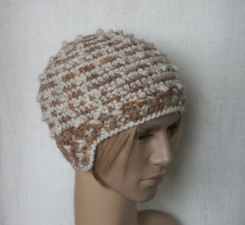 Earflap winter hats crochet warm adult or teen hat ecru beige winter hat with ears skiing skating hat
