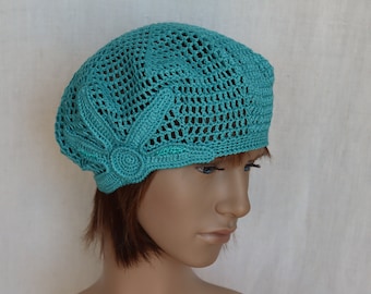 Womens beret hat, crocheted linen beret with flower on one side, turquoise summer slouchy hat