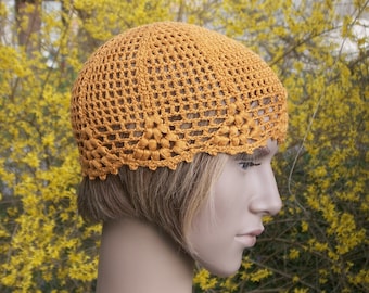 Crochet beanie hat, handmade linen summer hat for women or teen-girl yellow crochet cap, lace linen sun hat, beach hat for lady