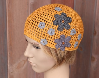 Yellow beanie hat, organic linen crochet cap, summer hat for women, hat for girl, floral sun hat, womens beach hat