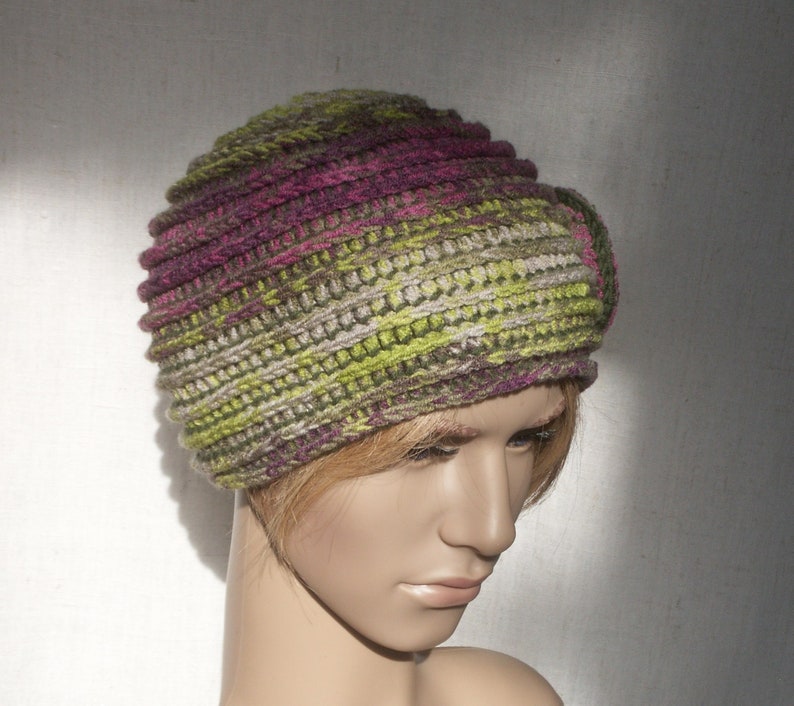 crochet boho style beanie hat flapper hat for women multicolor warm cap Womens winter hat in green purple pink colors