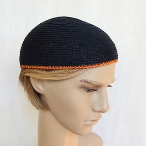 Skullcap, linen skull hats, kufi hats, short flax beanie for men, dark navy blue linen crochet hat, unisex summer hat