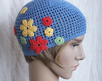 Beanie crochet hat, blue - spring colours summer hat for women or teen-girl, net-like beach cap, sky-blue hat fits close to head